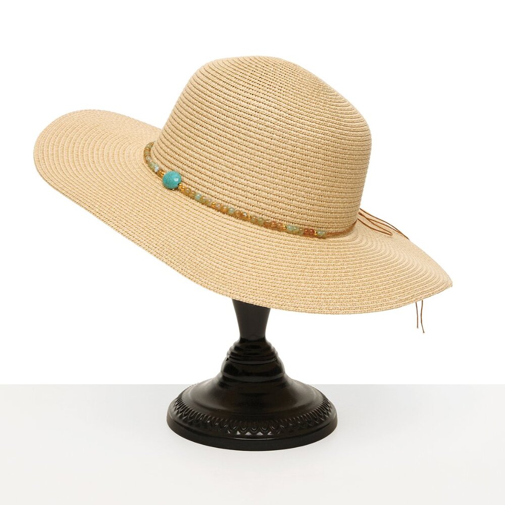 Paper Raffia Hat Tan Gemstone Accent Brim Pool Beach Cruise Summer Fun NWT